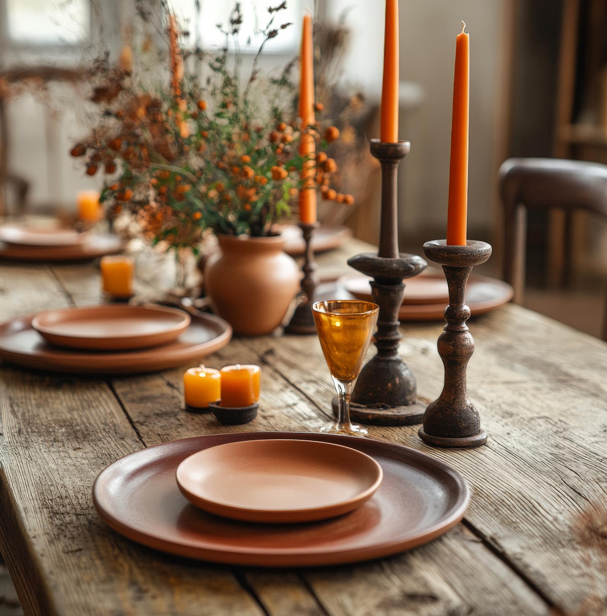 Long table set for tasting with ceramic plates and candles